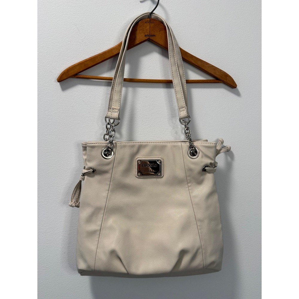 Nicole Miller New York Off White Faux Leather Chain Shoulder Bag Pockets